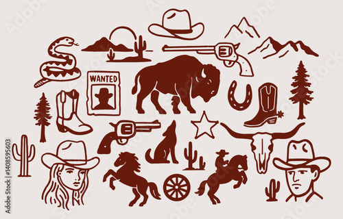 Western Cowboy Vector Illustration Set – Hand-Drawn Vintage Wild West Icons Including Cowgirl, Guns, Cactus, Bison, Horses, and Desert Elements