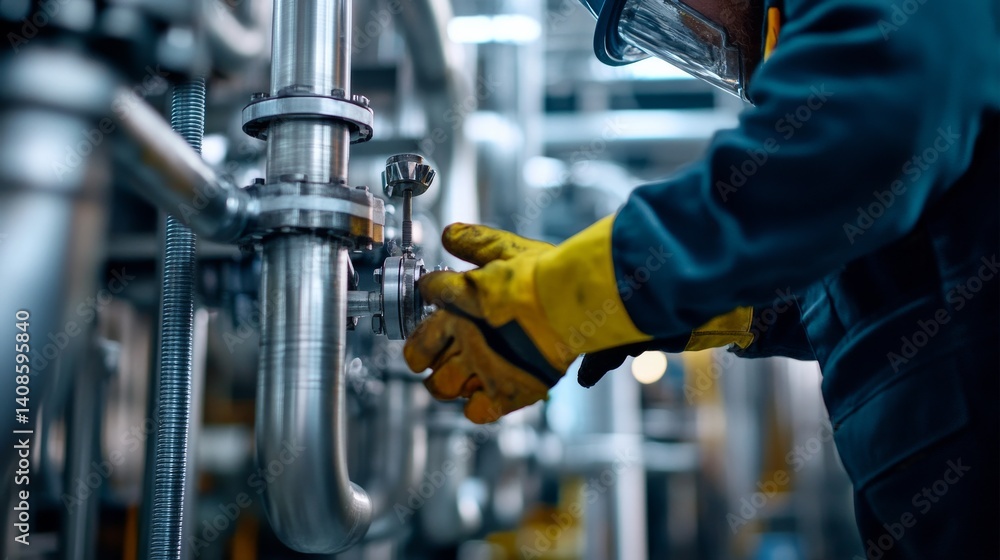 Pipefitter aligning and welding industrial pipes at a refinery site. Featuring precision and metallurgy Pipefitter aligning and welding industrial pipes at a refinery site. Featuring precision and metallurgy
