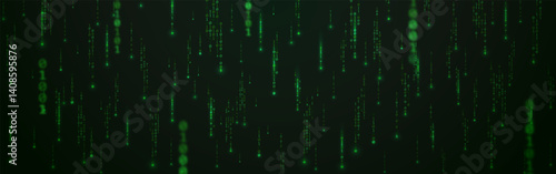 Binary code background with falling digits. Futuristic green matrix. Abstract data stream. Glowing running numbers. Random overlay code on wide wallpaper. Vector illustration.