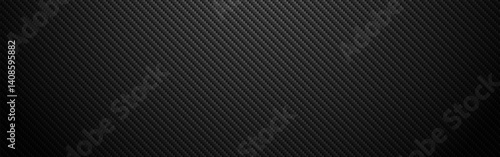 Carbon fiber texture with realistic shadow effect. Dark composite material. Wide industrial material for poster or banner. Black diagonal cloth. Vector illustration.