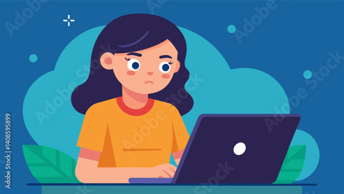 A young girl intently studying her laptop screen determined to debug the code on her educational software program.. Vector illustration