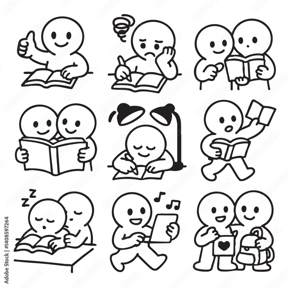 Reading is joyful activity that brings people together, showcasing various emotions and interactions. This illustration captures characters engaged reading, studying, and sharing moments Reading is joyful activity that brings people together, showcasing various emotions and interactions. This illustration captures characters engaged reading, studying, and sharing moments