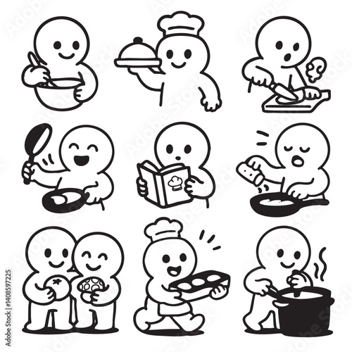 Cooking is joyful activity depicted through various characters engaging in food preparation, from mixing ingredients to serving dishes, showcasing fun and creativity in kitchen