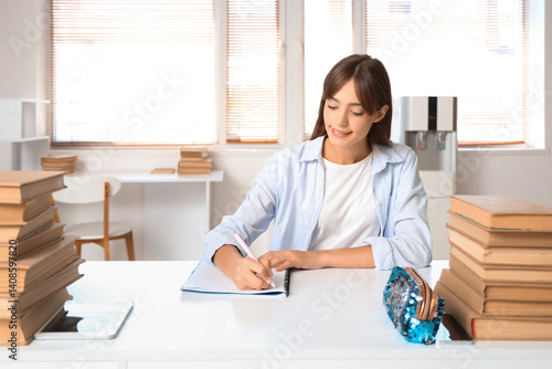 Happy female student with b...