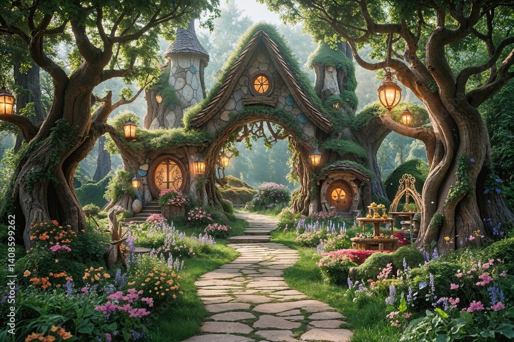 Fototapeta premium Magical Fairytale Background with Enchanting Whimsical Forest Scenery