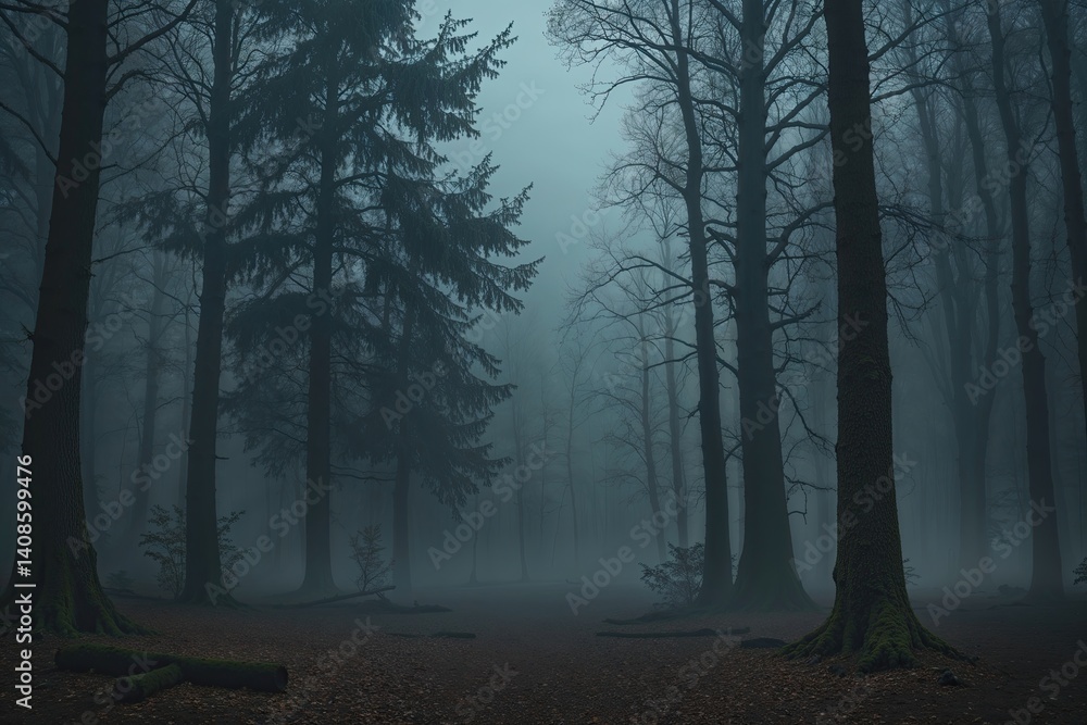 Obraz premium Eerie Foggy Dark Forest Scene with Haunting Trees and Open Space