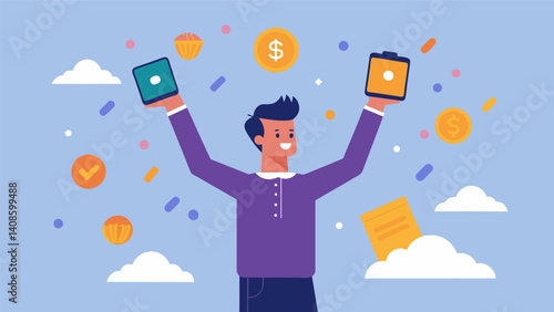 A person holding up a smartphone with data symbols raining down on them like a shower of coins.. Vector illustration