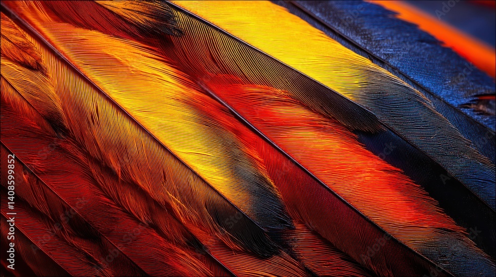 Colorful Macaw Feathers, Vibrant Plumage Macro, Tropical Bird Texture Closeup, Exotic Jungle Pattern in Detail, Nature-Inspired Art Design