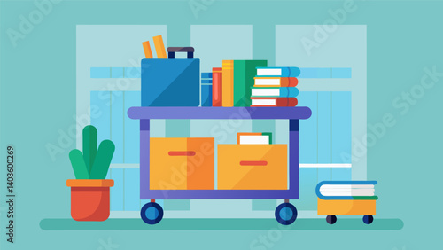 A mobile homework station consisting of a rolling cart with stacked bins filled with school supplies making it easy to move from room to room.. Vector illustration