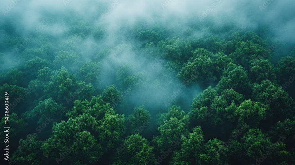 Fototapeta premium Misty Green Forest: An Aerial View of Nature's Serenity