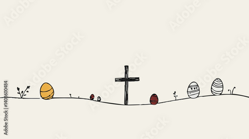 Line art stroke illustration of Easter Catholic cross with eggs. Concept of Easter, spring, Christianity, salvation, resurrection, hand drawing