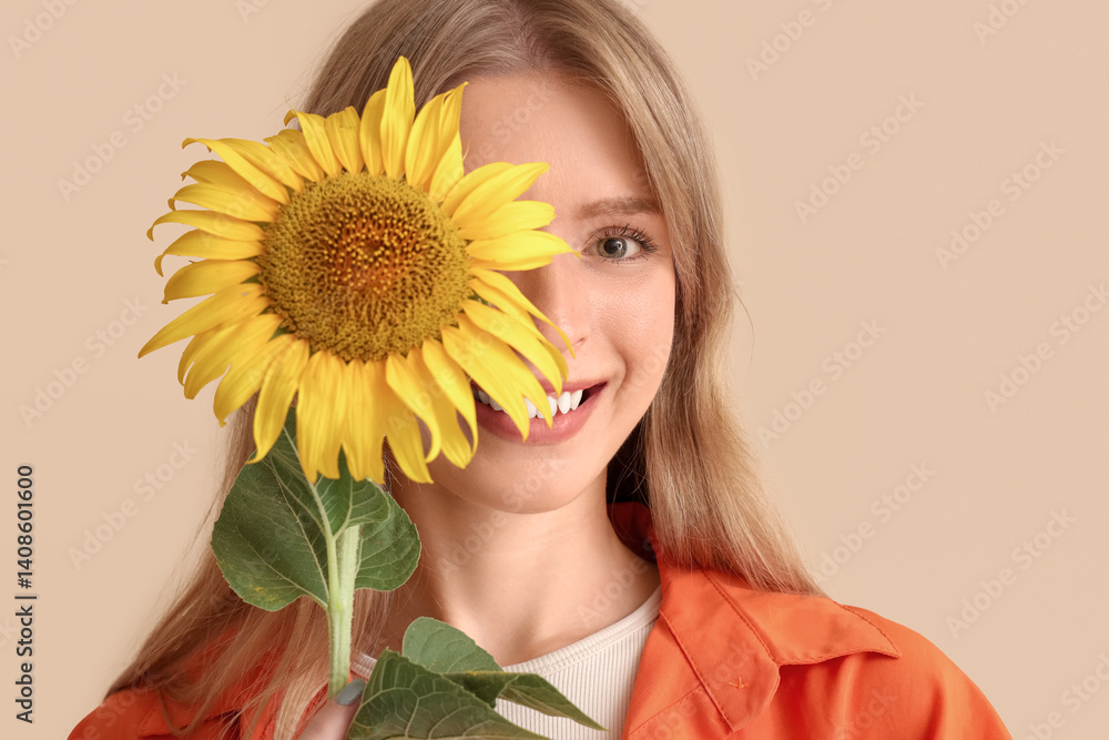 Beautiful young happy woman with sunflower on beige background Beautiful young happy woman with sunflower on beige background