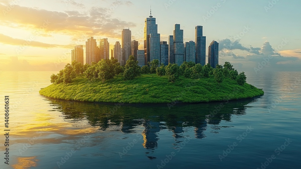 Fototapeta premium Eco-City Island: A Sustainable Metropolis on a Lush Green Island at Sunset