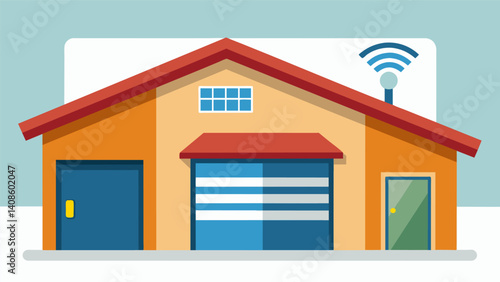 A smart garage door or that can be operated remotely and can also notify the homeowner if it is left open for an extended period of time.. Vector illustration