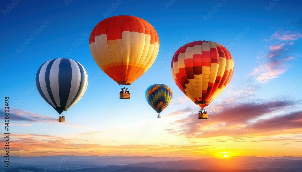 Colorful hot air balloons soaring at dawn against a beautiful sunrise backdrop. Colorful hot air balloons soaring at dawn against a beautiful sunrise backdrop.