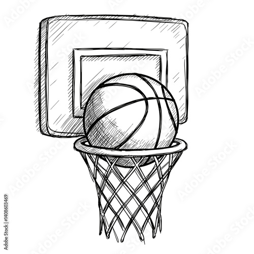 Basketball Hoop Score Sketch, Vector Icon. Dynamic sports action, game point, victory concept. Illustration for sports blog, team branding, competition graphic, transparent background