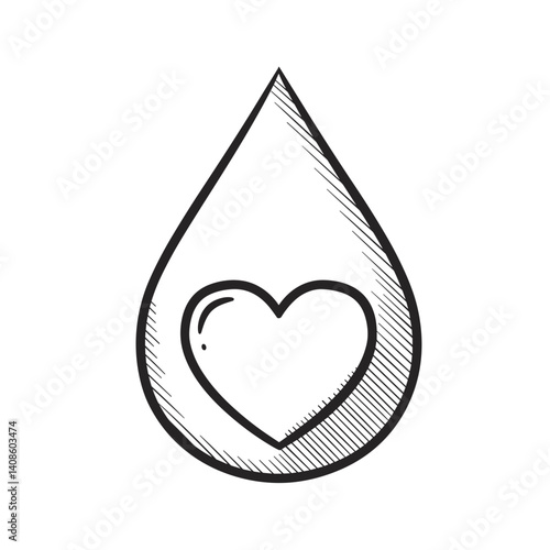 Blood Drop with Heart Icon, Vector symbol. Blood donation, charity, healthcare, life saving concept. Graphic for medical campaign, awareness poster, web icon, transparent background