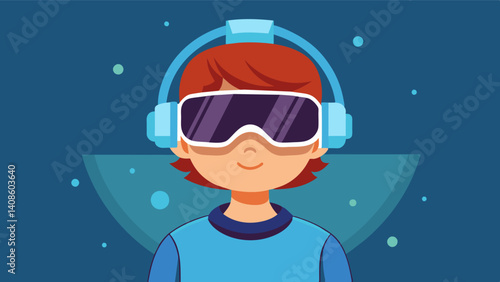 A child wearing a headset fully immersed in a virtual reality game that uses AI to simulate a realistic experience.. Vector illustration