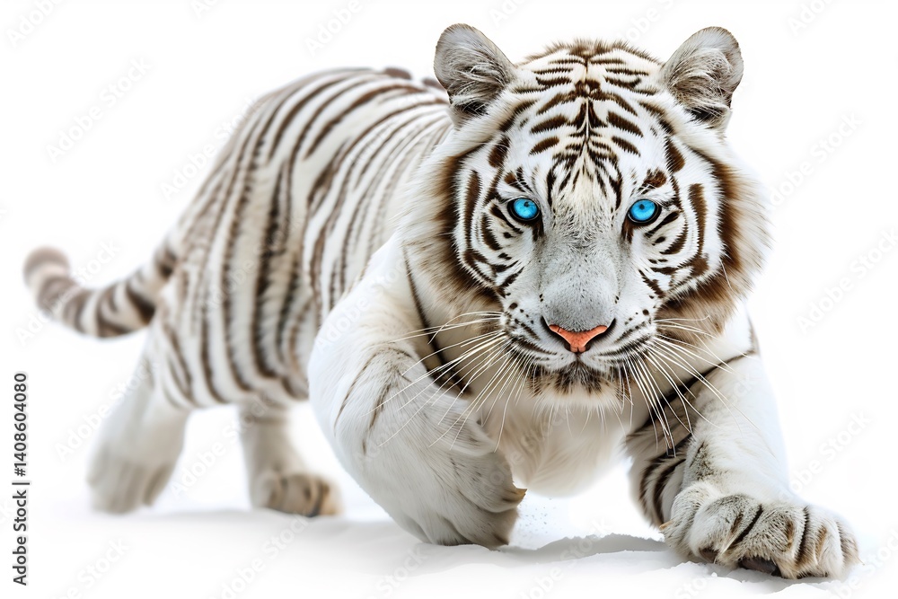 Obraz premium White tiger leaping forward muscles visible sharp claws extended blue eyes glowing isolated a white background