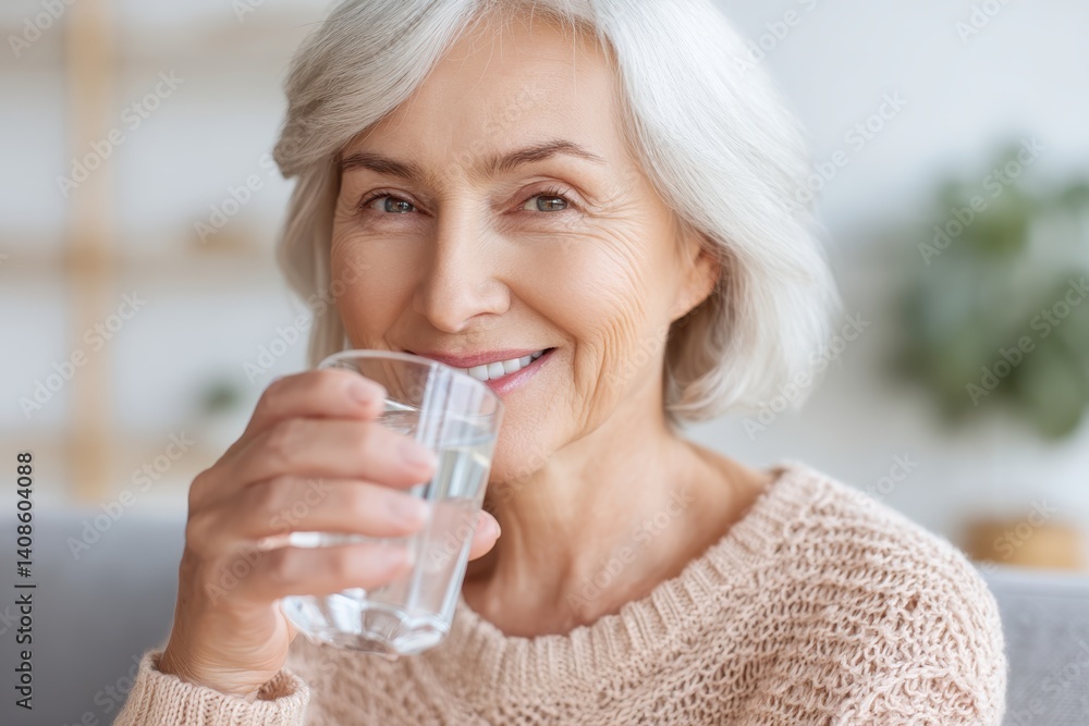 Elderly drink water concept. Smiling elderly woman sipping water from a glass in a cozy indoor setting with natural light Elderly drink water concept. Smiling elderly woman sipping water from a glass in a cozy indoor setting with natural light
