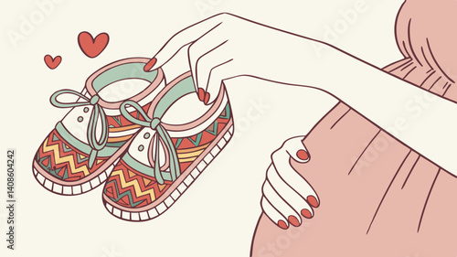 Knitted baby booties hold by expecting mother with love  