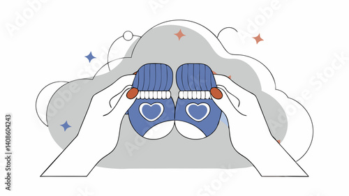 Hands holding knitted baby booties against a soft cloud background  