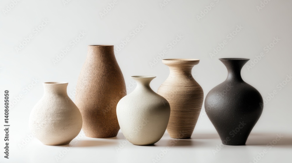 Collection of elegant japandi ceramic vases in various shapes and colors. The vases are arranged together, showcasing different designs Collection of elegant japandi ceramic vases in various shapes and colors. The vases are arranged together, showcasing different designs