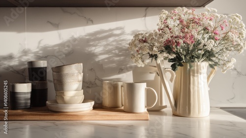 Wallpaper Mural Sunlit kitchen counter with ceramic tableware and a bouquet of flowers in a vase.  The scene evokes a feeling of calm and serenity Torontodigital.ca