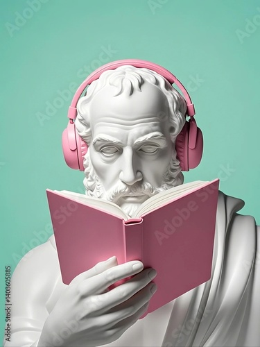 Modern Classic: Marble Philosopher Bust Wearing Pink Headphones and Reading Book – Surreal Pop Art Concept