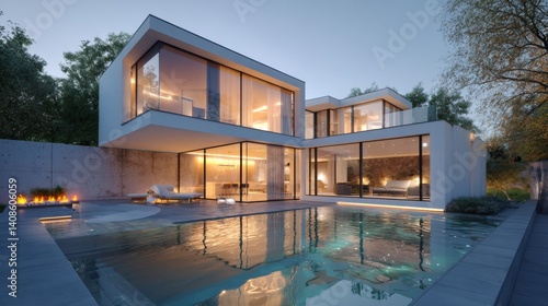 Evening serenity luxurious modern residence with contemporary design and tranquil outdoor pool in a peaceful setting
