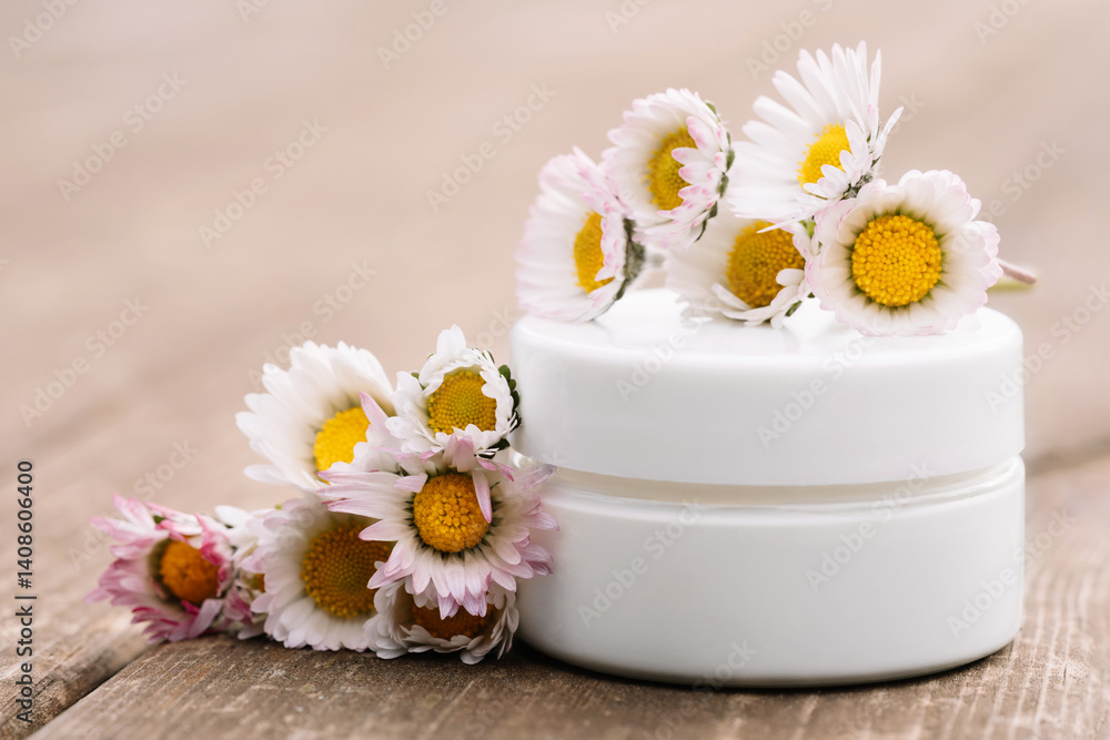 Close up of collagen cream in glass jar with daisies on wooden surface. Skin and body care beauty products. Mockup. Cosmetic packaging, creme moisturiser Close up of collagen cream in glass jar with daisies on wooden surface. Skin and body care beauty products. Mockup. Cosmetic packaging, creme moisturiser