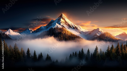 Majestic mountain peak bathed in golden light at dawn, surrounded by misty forests.