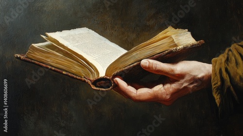 A hand holds an ancient, open book, filled with wisdom.