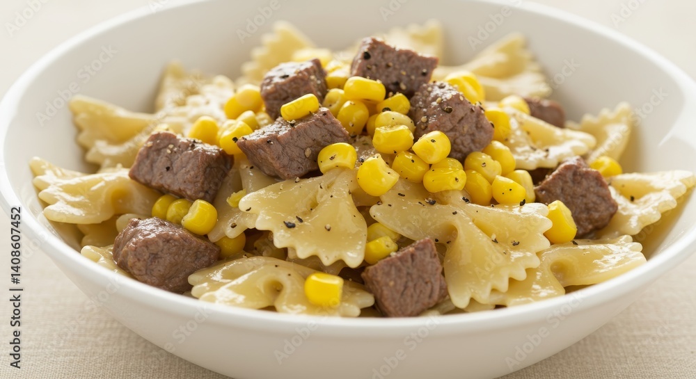 Delicious Farfalle Pasta Bowl with Beef, Sweet Corn, and Cracked Black Pepper Delicious Farfalle Pasta Bowl with Beef, Sweet Corn, and Cracked Black Pepper