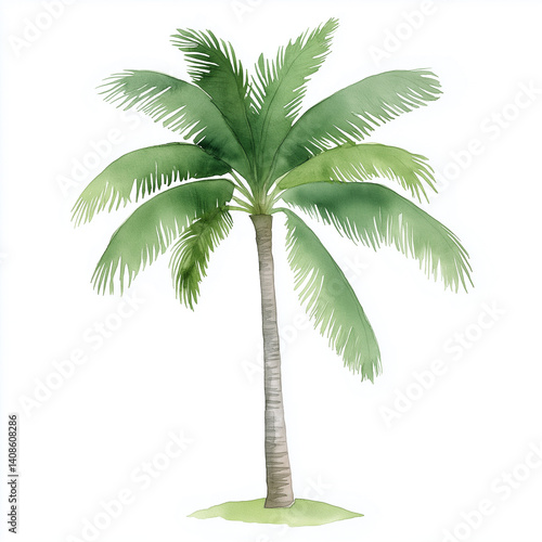 Colorful watercolor depiction of a palm tree with lush green fronds standing against a white background