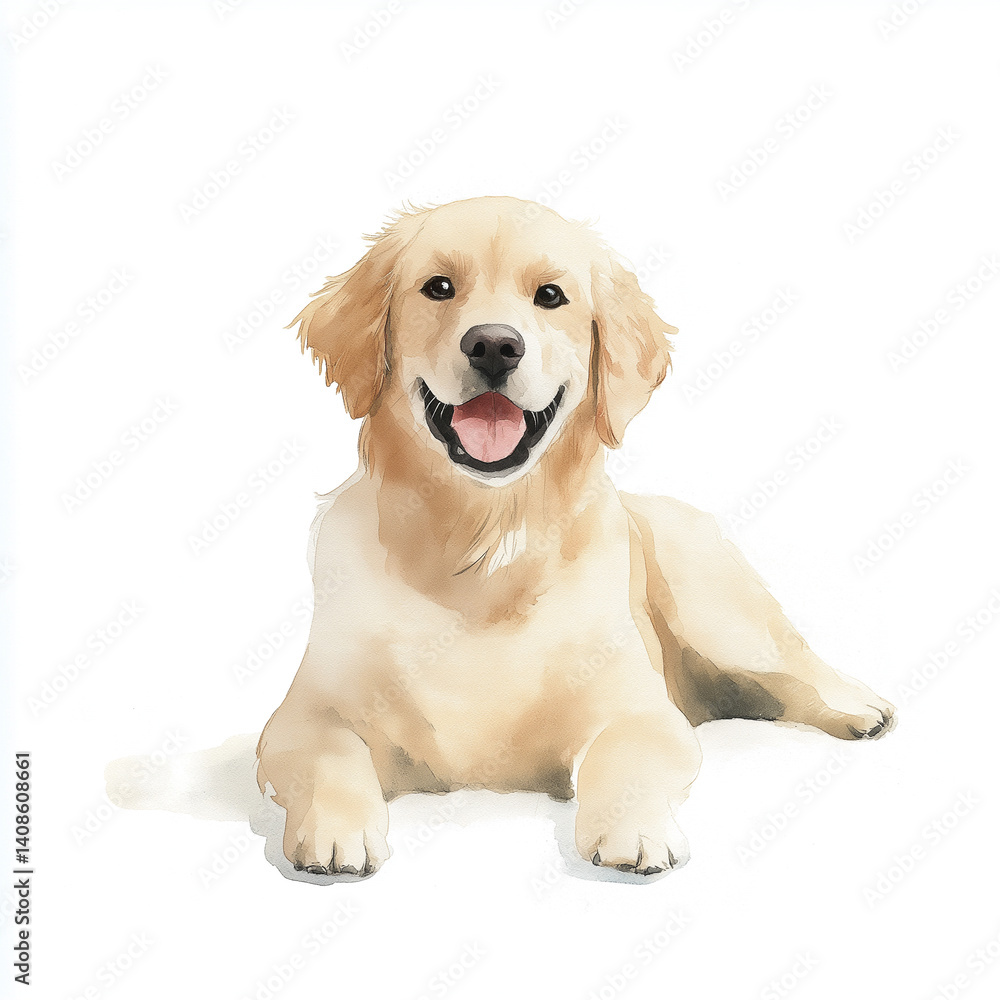 Golden retriever smiling while lying on white background in a gentle watercolor illustration capturing joy and warmth Golden retriever smiling while lying on white background in a gentle watercolor illustration capturing joy and warmth