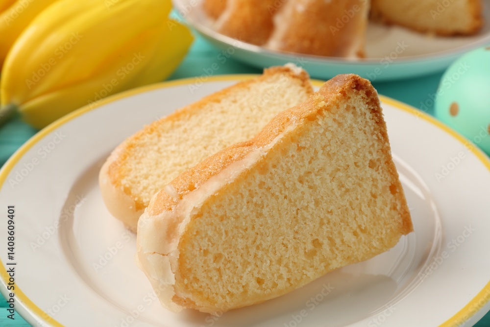 Pieces of delicious bundt cake on table, closeup Pieces of delicious bundt cake on table, closeup