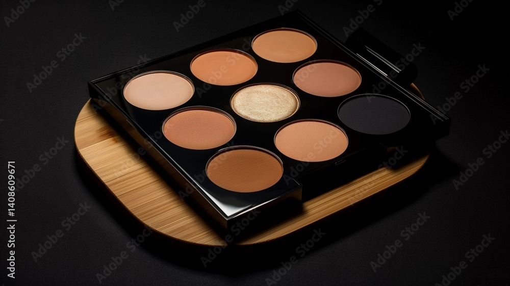 Photorealistic image of a makeup palette on a bamboo tray Photorealistic image of a makeup palette on a bamboo tray