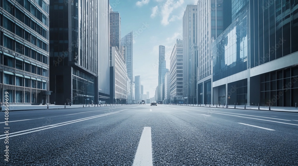 Obraz premium Urban landscape featuring a deserted city street with high-rise buildings in the background