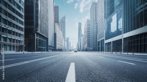 Urban landscape featuring a deserted city street with high-rise buildings in the background