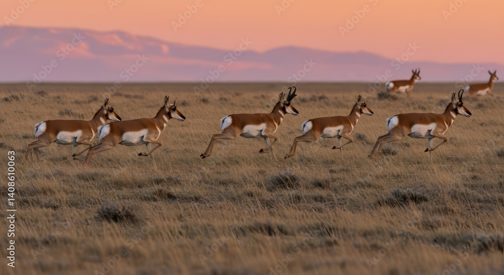 Pronghorn Antelope Sunset Run. Pronghorn Antelope Sunset Run.