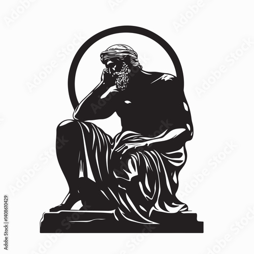 Stoic Greek Philosopher Thinking Man Silhouette Vector isolated on white background.