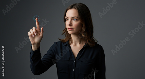 A woman interacting with a futuristic interface, touching a virtual screen with her finger.