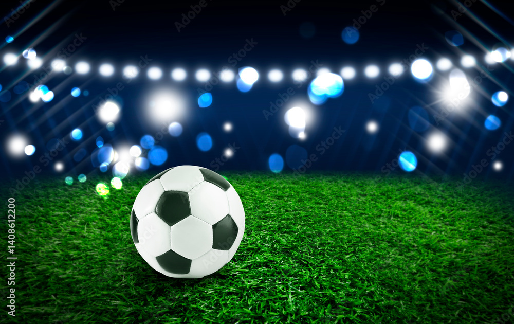 Naklejka premium Soccer ball on green grass at football stadium, space for text