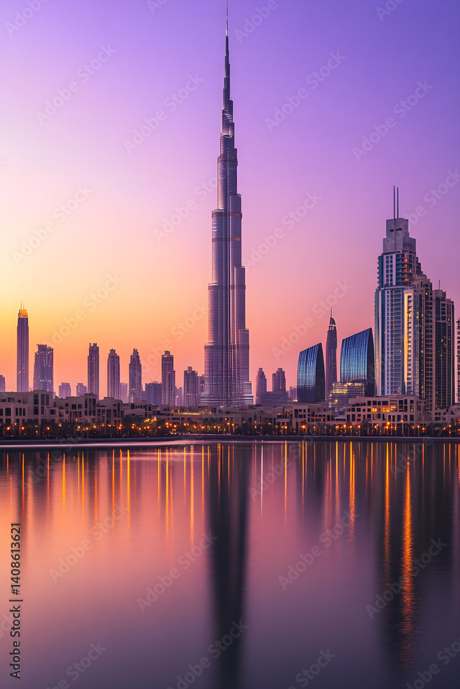 Fototapeta premium A Majestic Symphony: The Breathtaking Urban Skyline as Day Meets Night