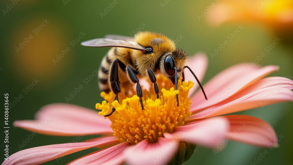 custom made wallpaper toronto digitalThe image shows a bee on a flower, serving as a pollinator. The photo captures a close-up view of the bee interacting with the flower