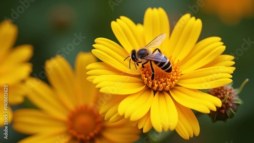 The image shows a bee on a flower, serving as a pollinator. The photo captures a close-up view of the bee interacting with the flower