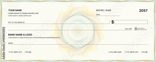 Blank bank check, checkbook cheque template or money payment paper voucher, vector mockup. Business or personal account cash pay cheque certificate or paycheck coupon from checkbook