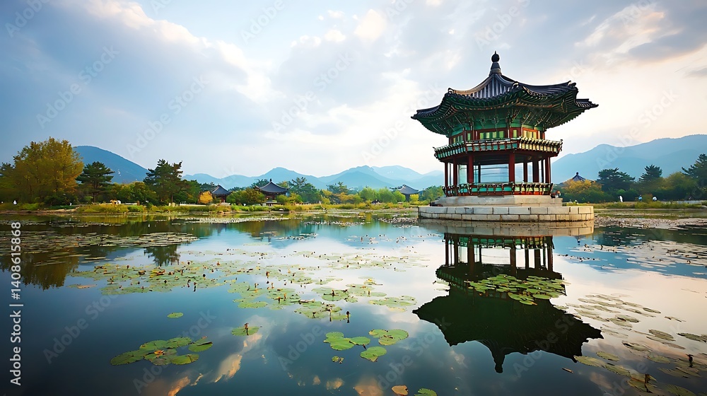 Serene Korean pavilion reflected in calm water. Serene Korean pavilion reflected in calm water.