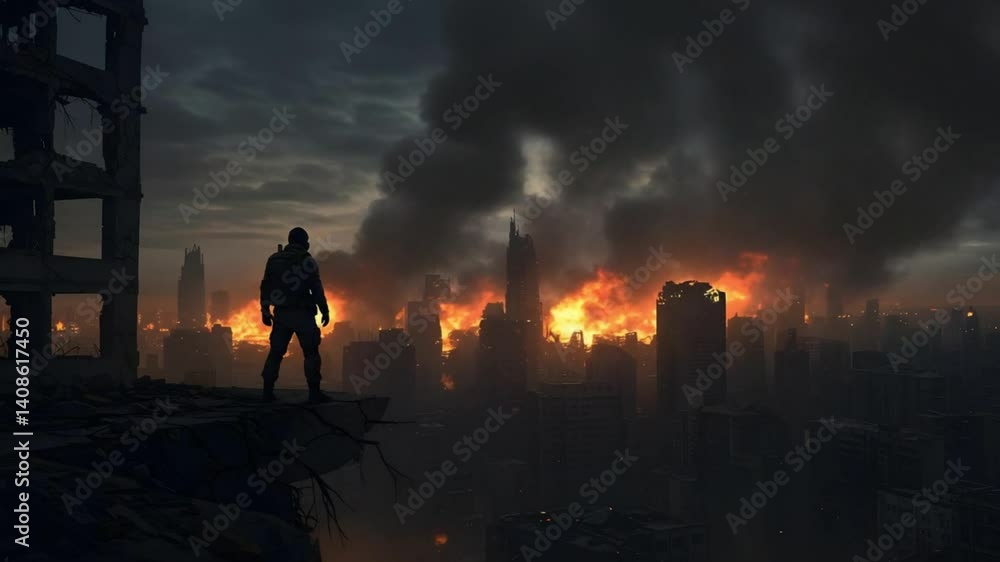 A lone figure observes a city engulfed in flames, witnessing the destruction, a moment of reflection, embodying the theme of survival and resilience. A lone figure observes a city engulfed in flames, witnessing the destruction, a moment of reflection, embodying the theme of survival and resilience.